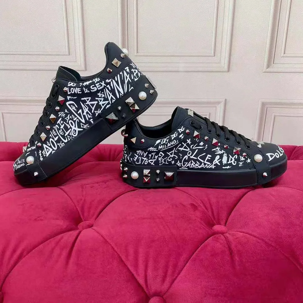 Dolce Gabbana D&G Calfskin Nappa Portofino Sneakers with Studs for Unisex in Black