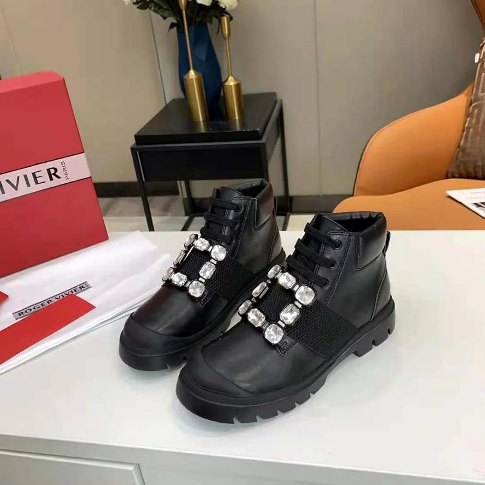 Roger Vivier Walky Viv' Lace Up Strass Buckle Booties in Leather for Women Roger Vivier Walky Viv' Lace Up Strass Buckle Booties in Leather for Women