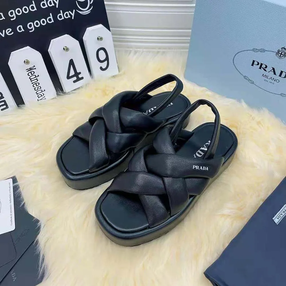 Prada Nappa Leather Flatform Sandals for Women in Black Prada Nappa Leather Flatform Sandals for Women in Black