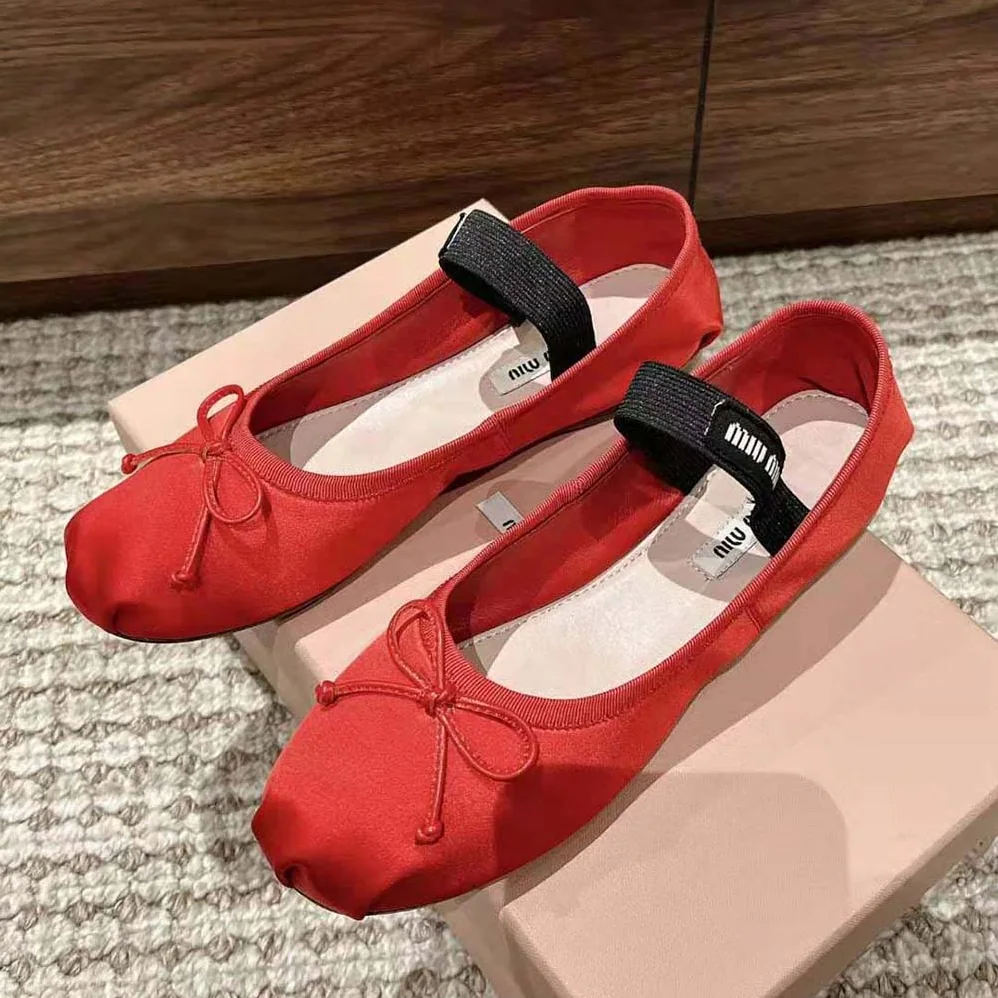 Miu Miu Satin Ballerinas with Knit Logo Label for Women in Red