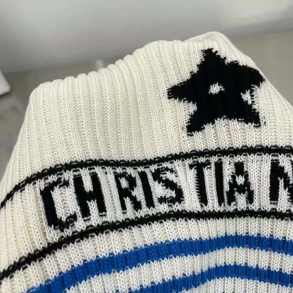 Dior Dioriviera Los Angeles Short-Sleeved Sweater Ecru and Bright Blue Cotton Knit with Signature for Women Dior Dioriviera Los Angeles Short-Sleeved Sweater Ecru and Bright Blue Cotton Knit with Signature for Women