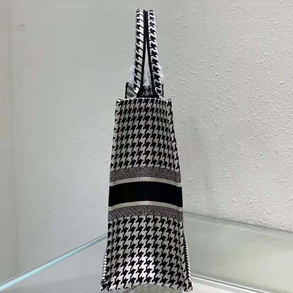 Dior Book Tote Black and White Houndstooth Embroidery for Women