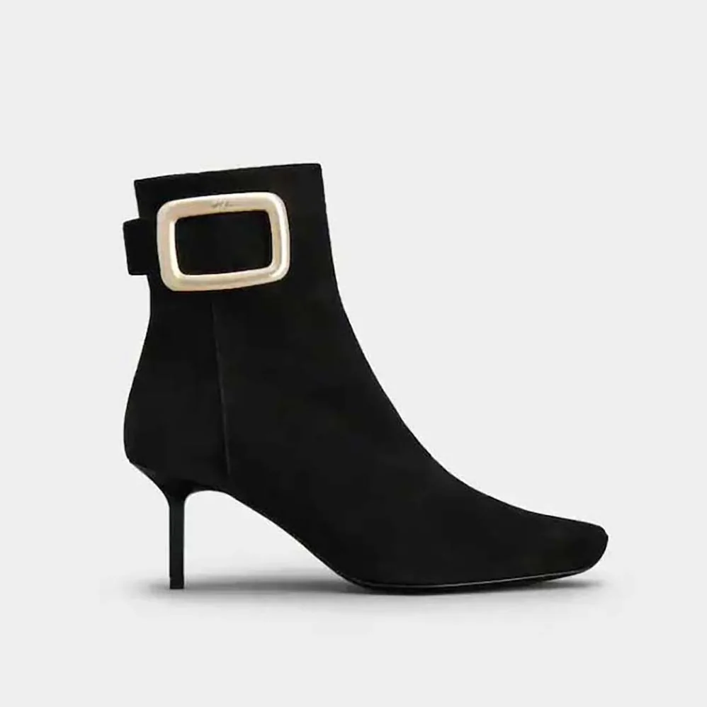 Roger Vivier Viv' Choc Metal Buckle Booties in Suede for Women in Black Roger Vivier Viv' Choc Metal Buckle Booties in Suede for Women in Black