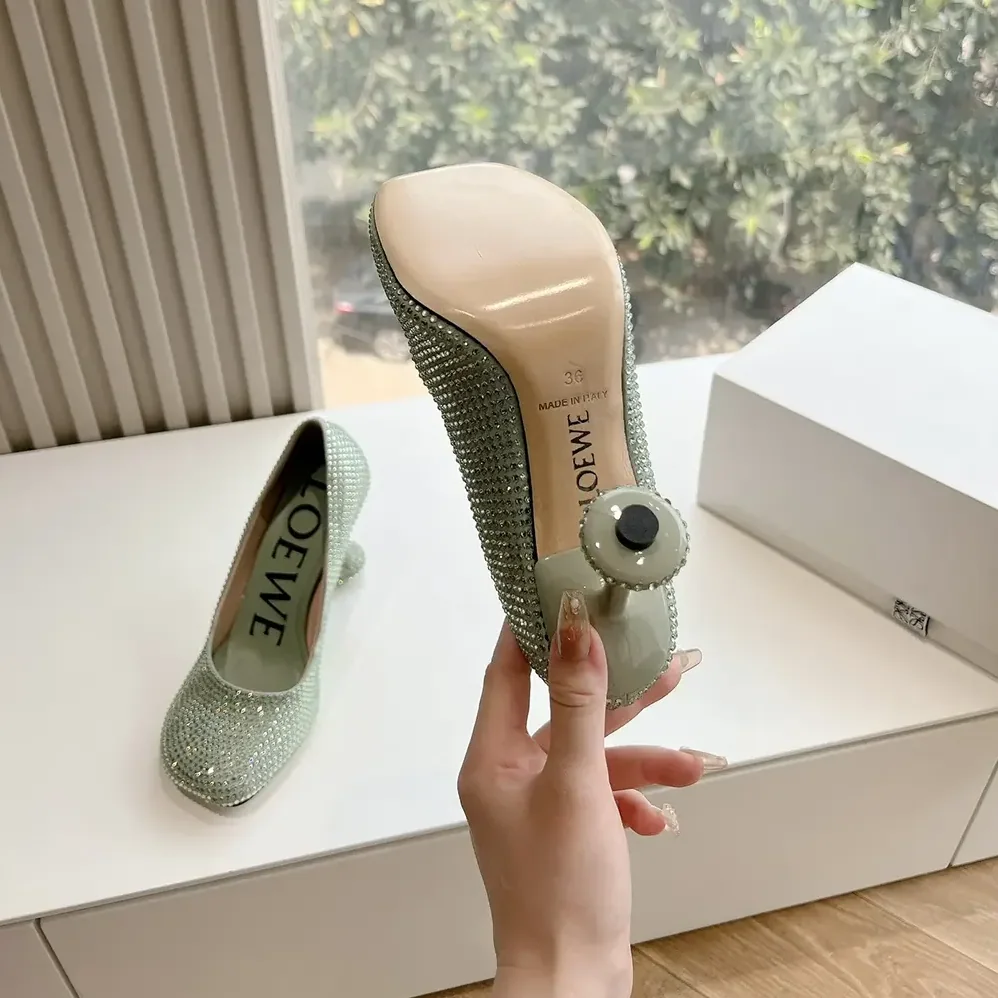 Loewe Toy Pump in Suede and Allover Rhinestones for Women in Lime Loewe Toy Pump in Suede and Allover Rhinestones for Women in Lime