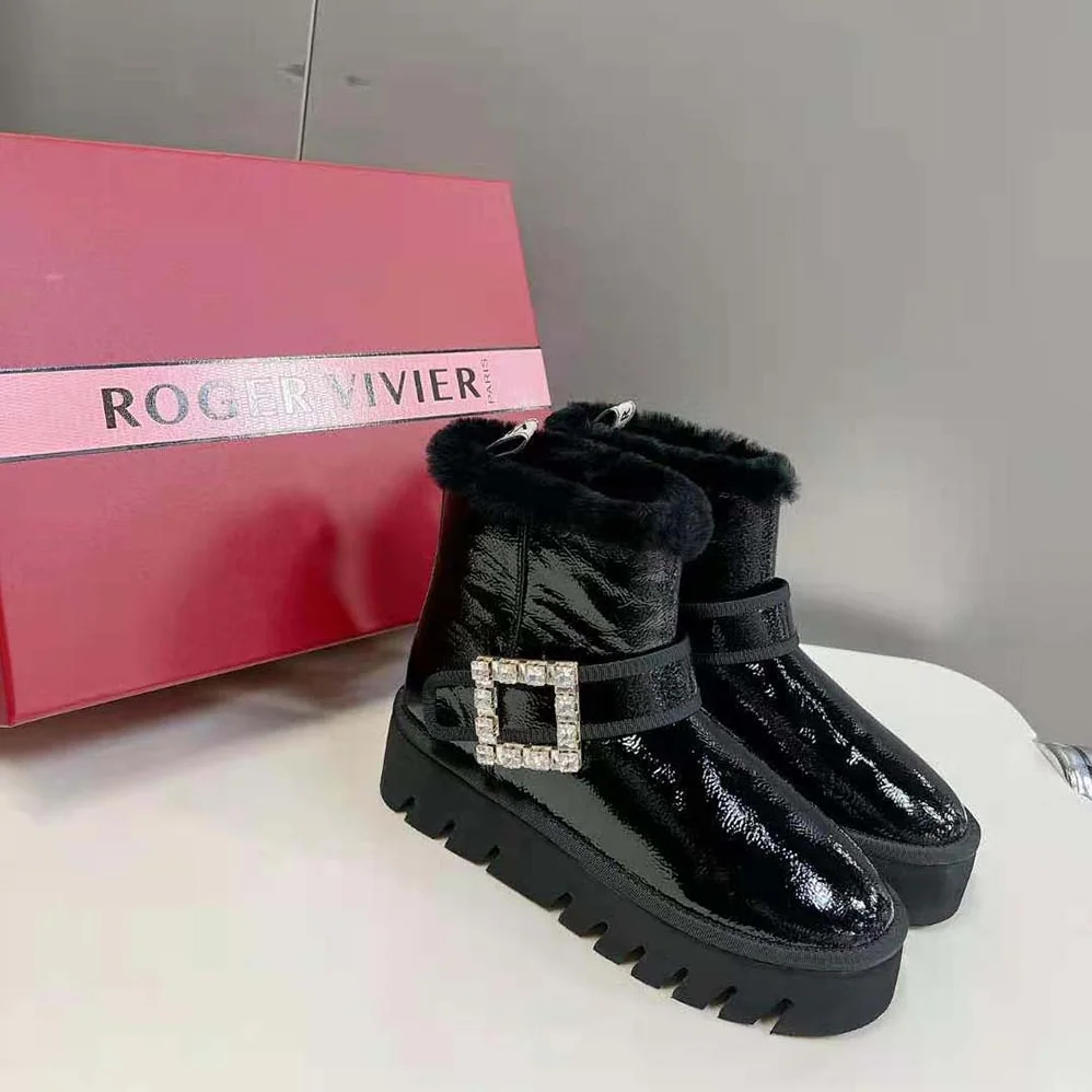 Roger Vivier Viv' Winter Fur Strass Buckle Ankle Boots in Patent Leather for Women in Black Roger Vivier Viv' Winter Fur Strass Buckle Ankle Boots in Patent Leather for Women in Black