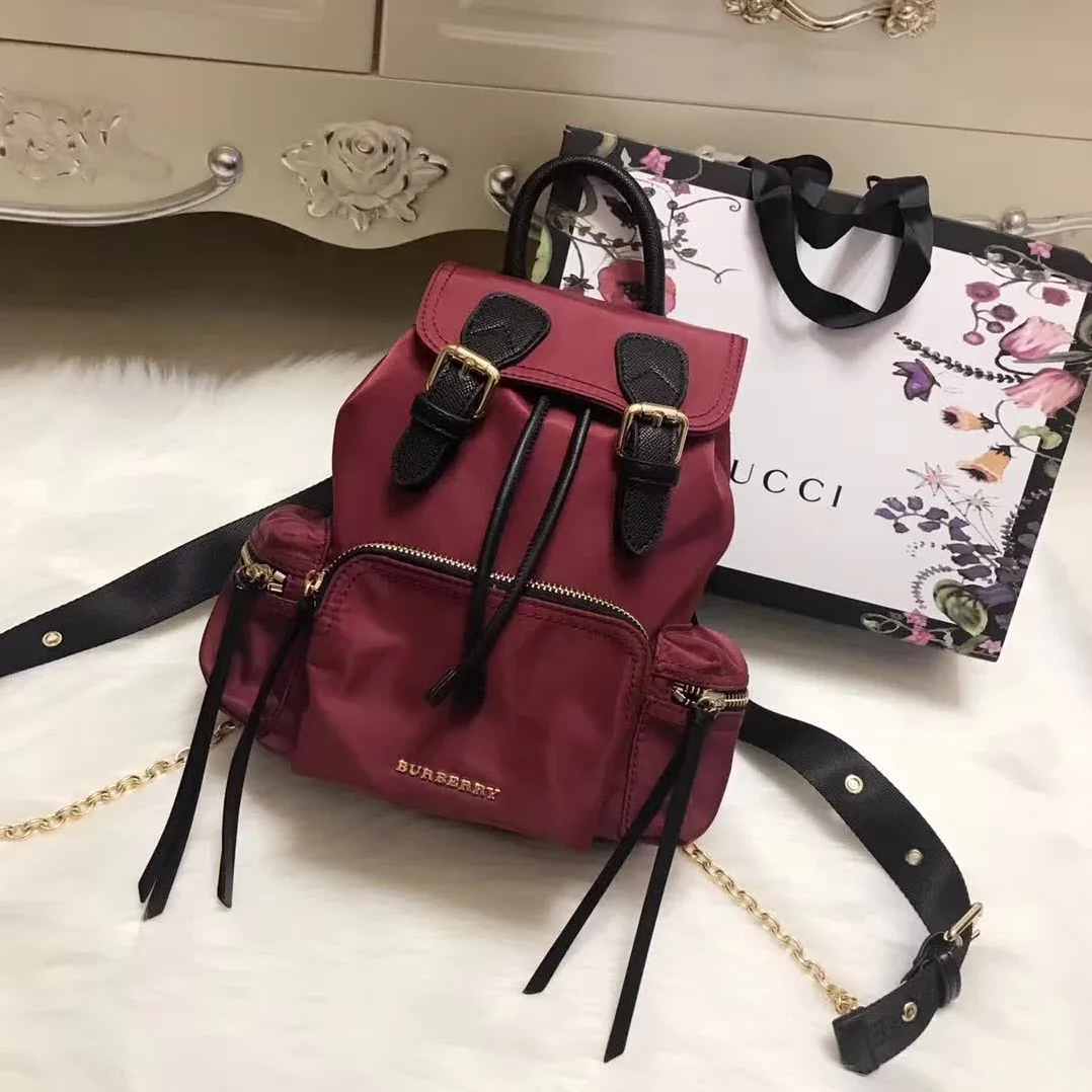 Burberry Medium Rucksack in Technical Nylon and Leather in Maroon