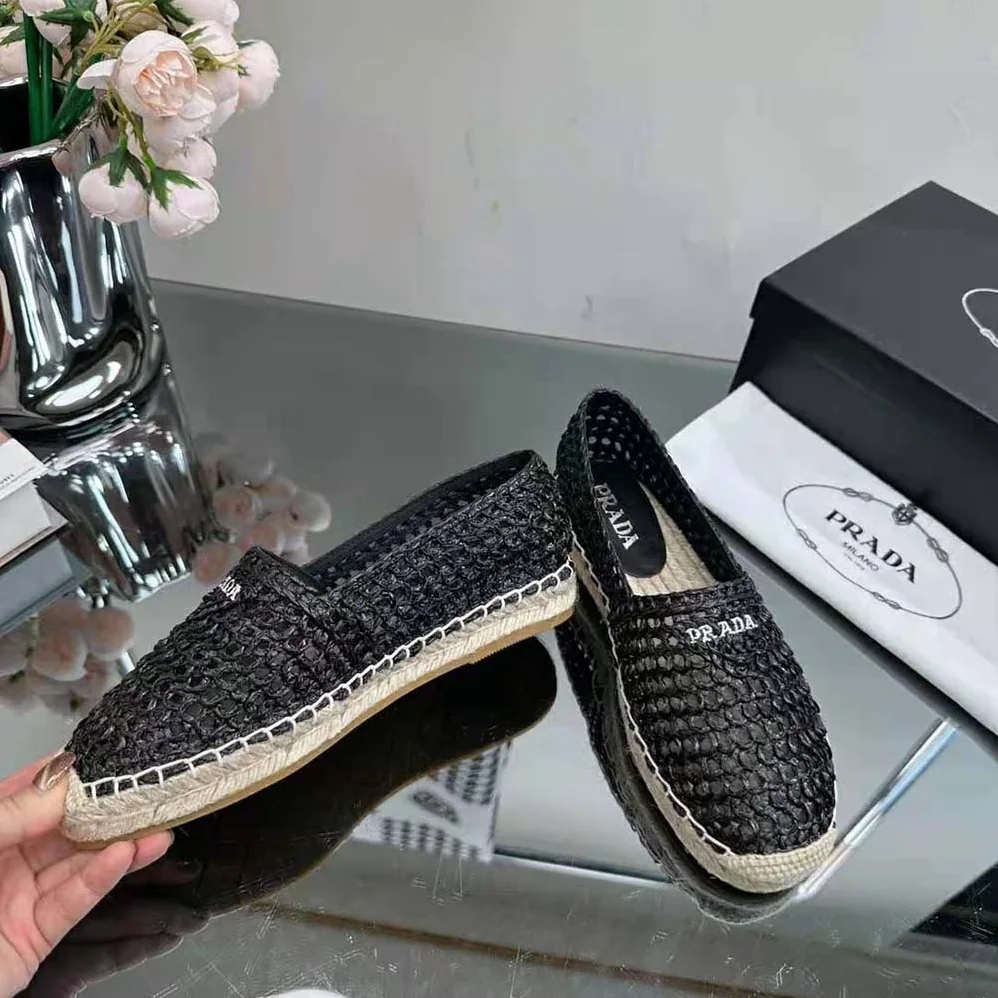 Prada Crochet Espadrilles with Embroidered Logo for Women in Black Prada Crochet Espadrilles with Embroidered Logo for Women in Black