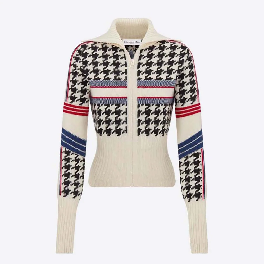Dior Dioralps Short Cardigan Black and White Houndstooth Wool and Cashmere Knit with Three for Women in Tone Dior Star