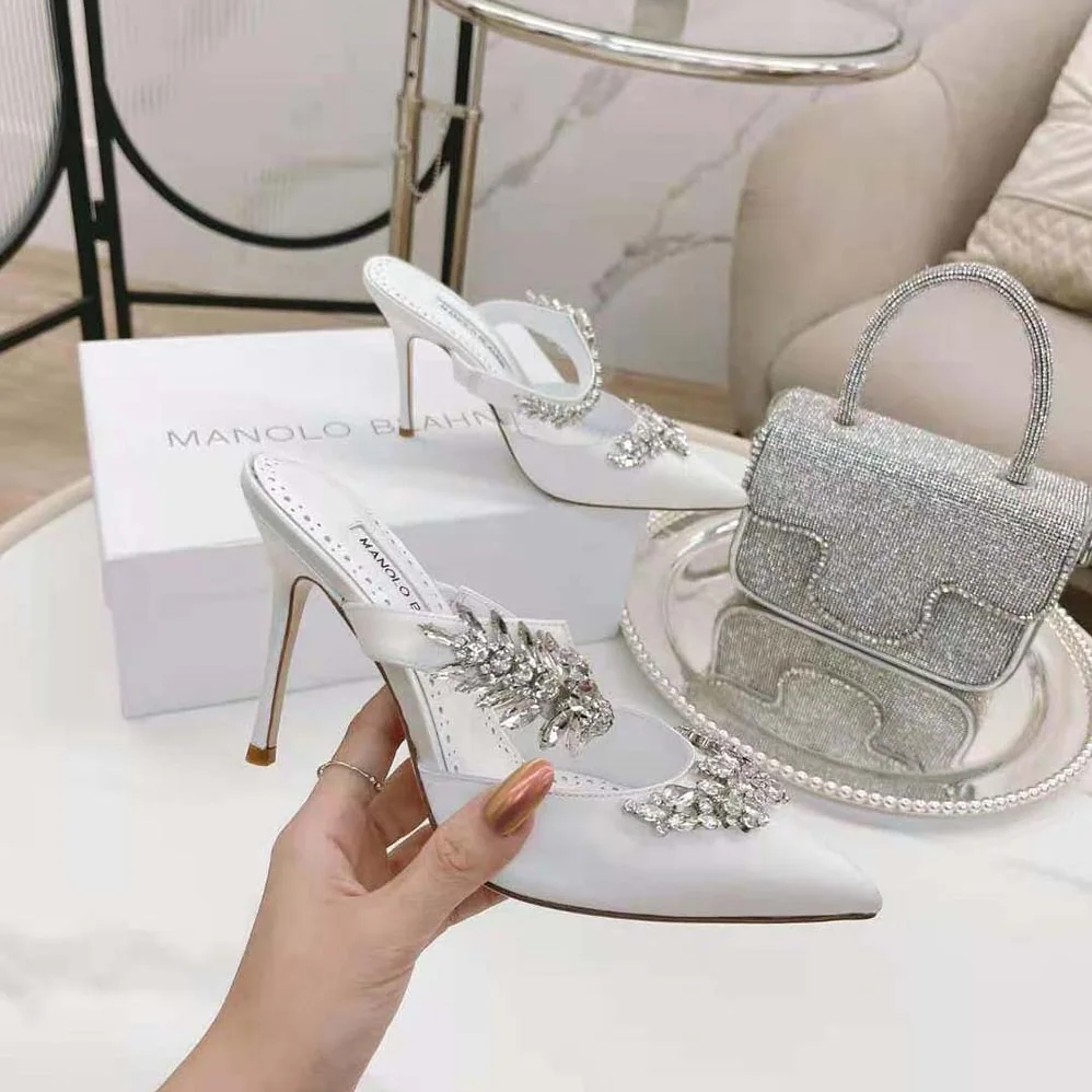 Manolo Blahnik White Satin Crystal Embellished Mules for Women