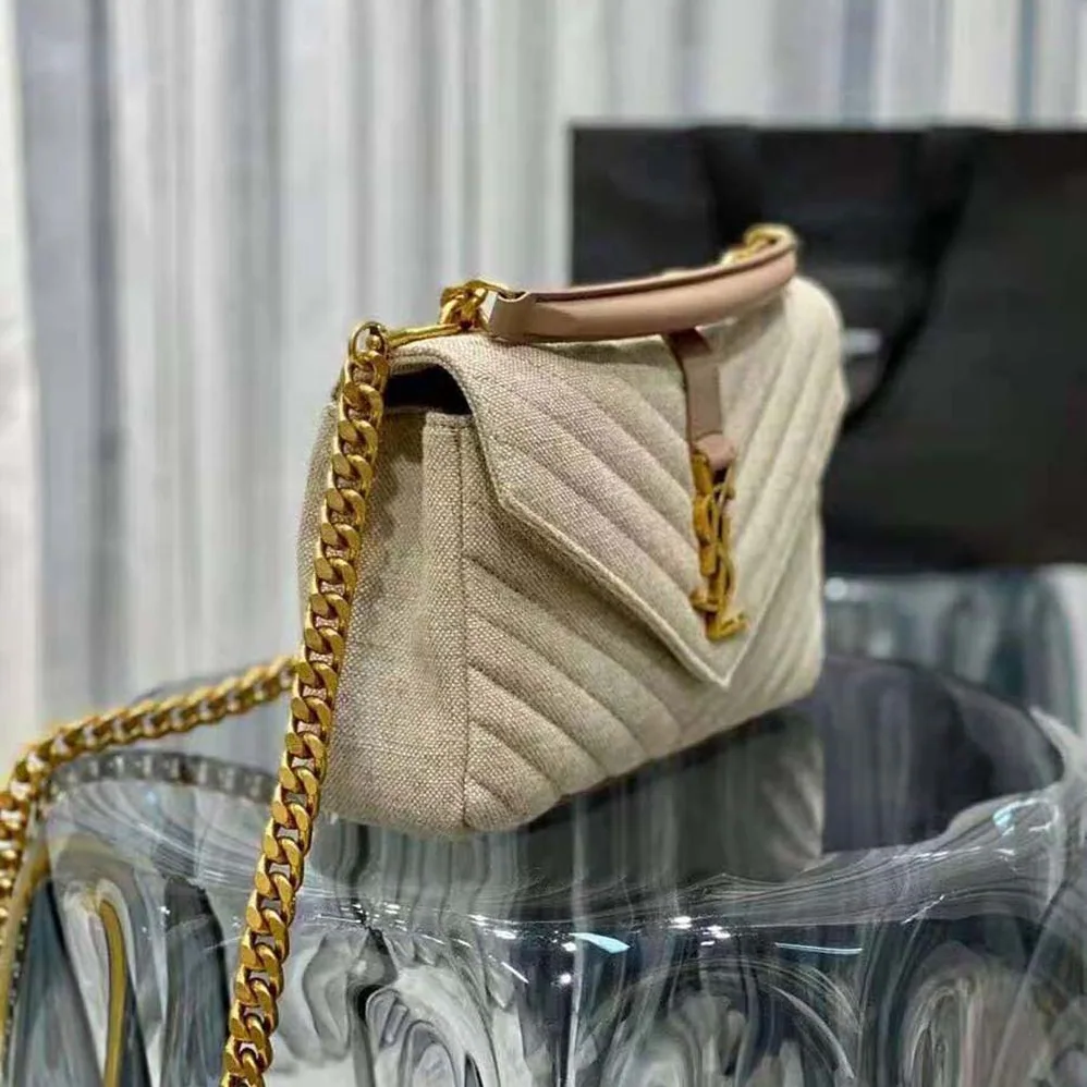 Saint Laurent YSL College Medium in Quilted Linen Canvas and Leather for Women