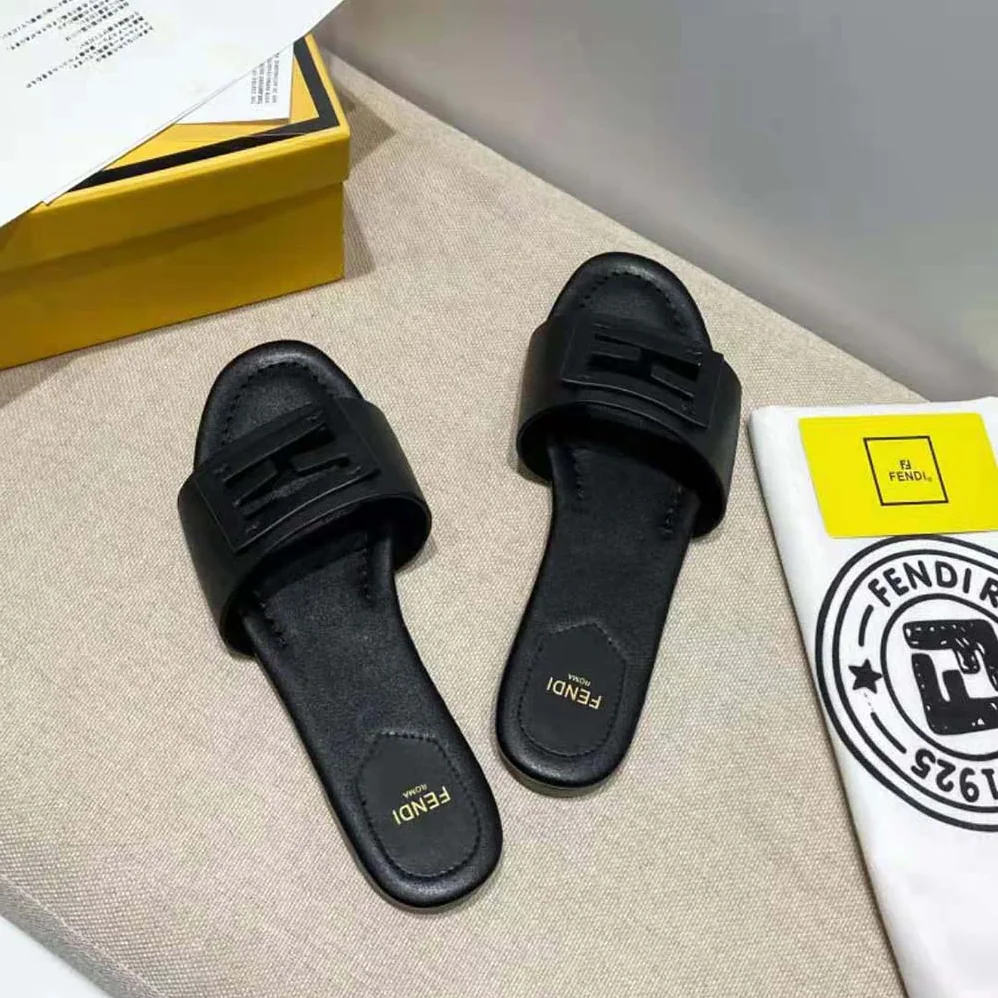 Fendi Signature Black Leather Slides in 0.4 inches Heel Height for Women