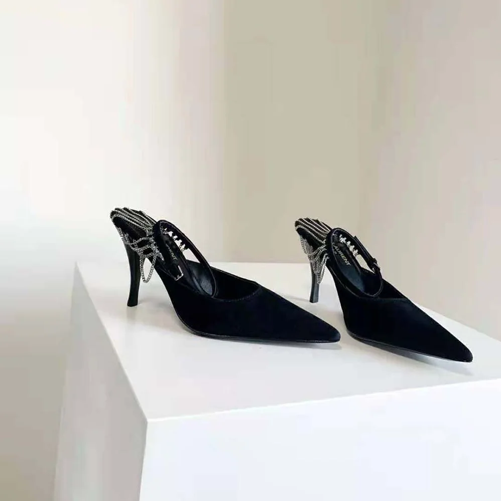 Saint Laurent YSL Sling Chain Pumps in Suede for Women in Black