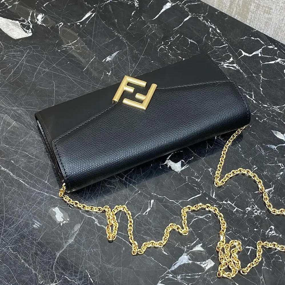 Fendi FF Diamonds Continental With Chain Black Leather Wallet for Women Fendi FF Diamonds Continental With Chain Black Leather Wallet for Women