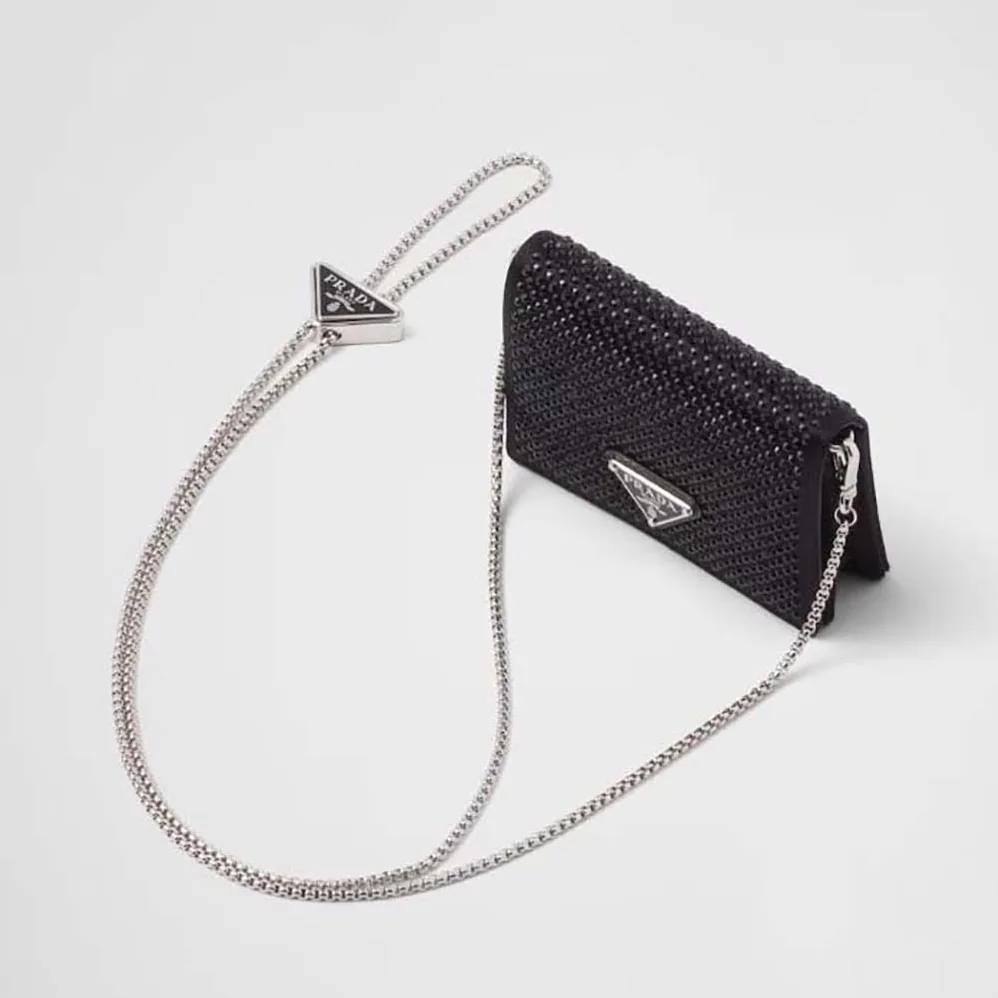 Prada Cardholder with Shoulder Strap and Crystals for Women in Black Prada Cardholder with Shoulder Strap and Crystals for Women in Black