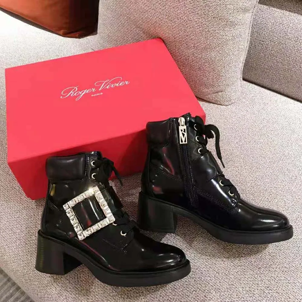 Roger Vivier Viv' Rangers Strass Buckle Ankle Boots in Leather-6cm Heel for Women Roger Vivier Viv' Rangers Strass Buckle Ankle Boots in Leather-6cm Heel for Women
