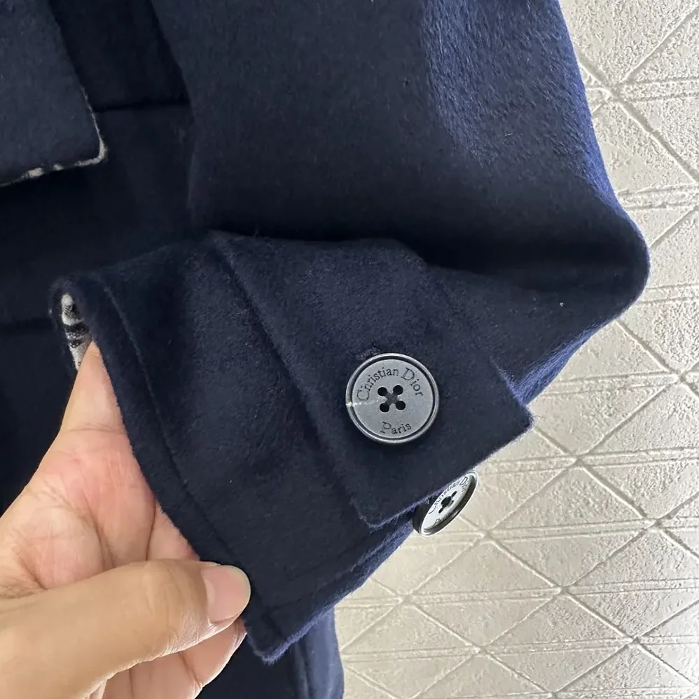 Dior Coat with Scarf Collar Navy Blue Double-Sided Virgin Wool and Silk for Women