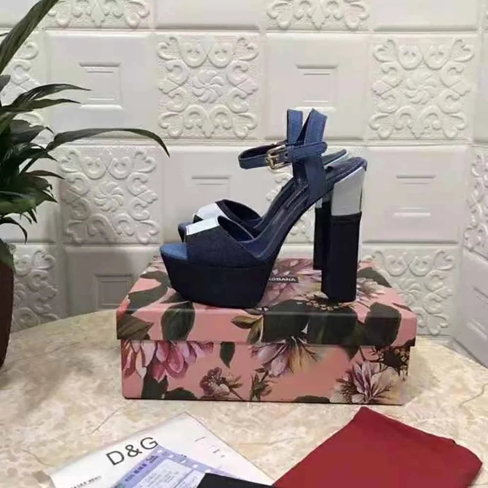 Dolce Gabbana D&G Patchwork Denim Platform Sandals for Women in Navy