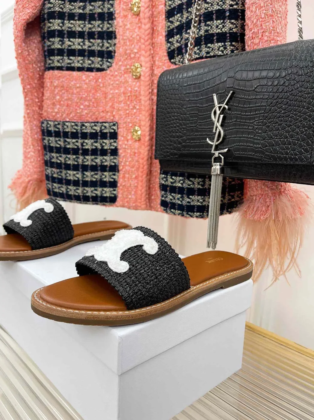 Celine Lympia Flat In Raffia Black