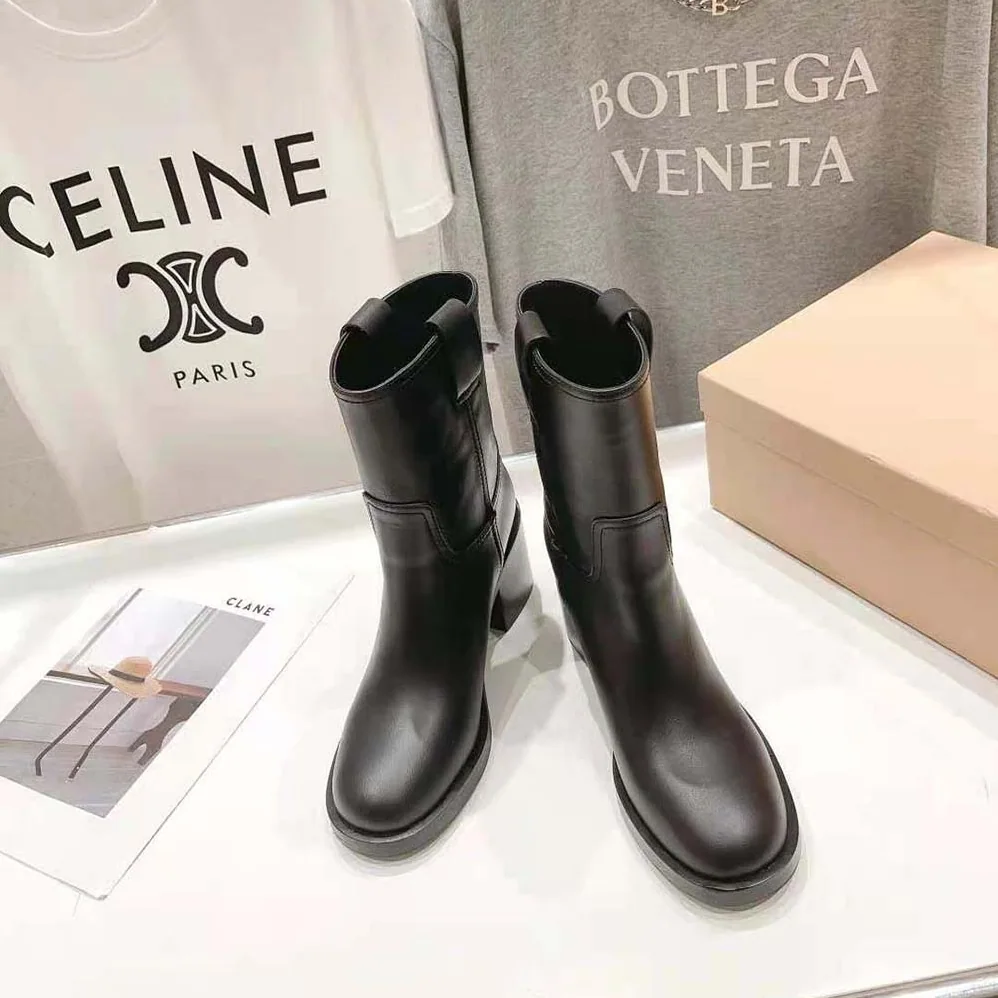 Miu Miu Leather Booties with Hot-stamped Logo for Women in Black