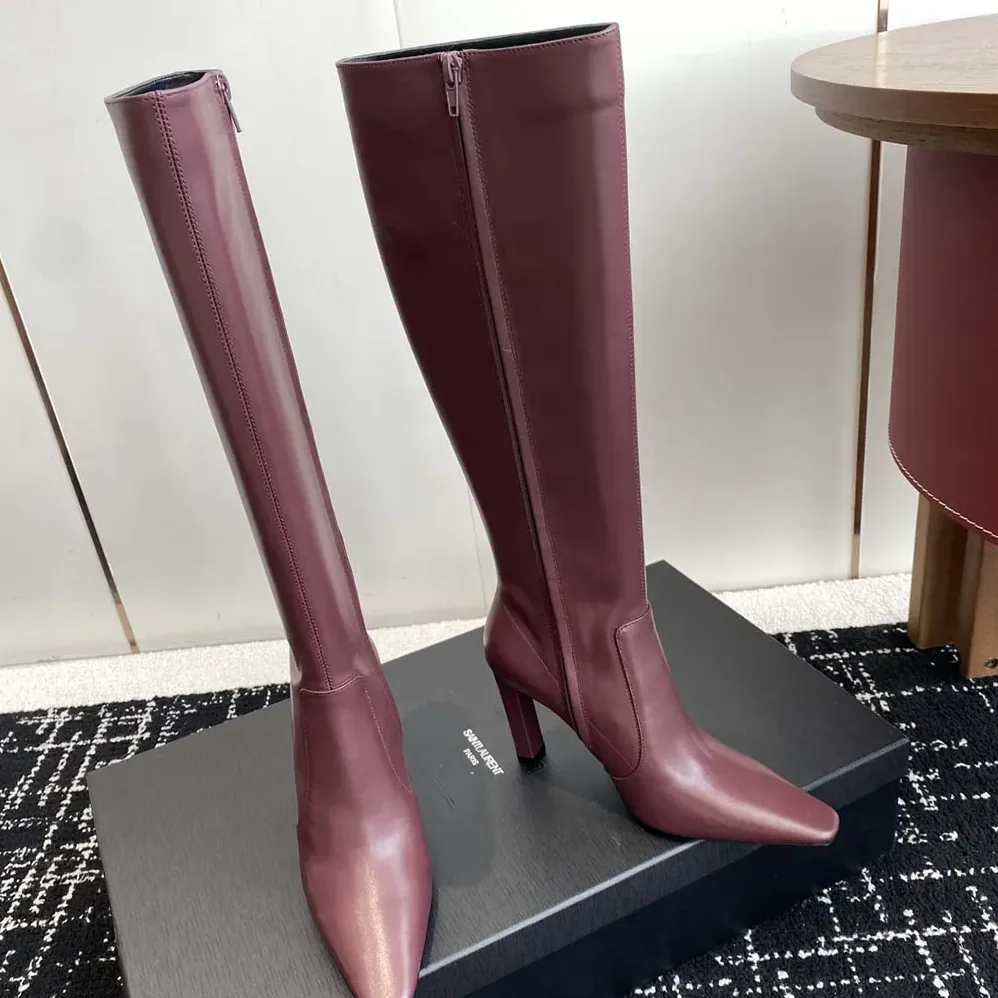 Saint Laurent YSL Francoise Boots In Smooth Leather for Women in Maroon