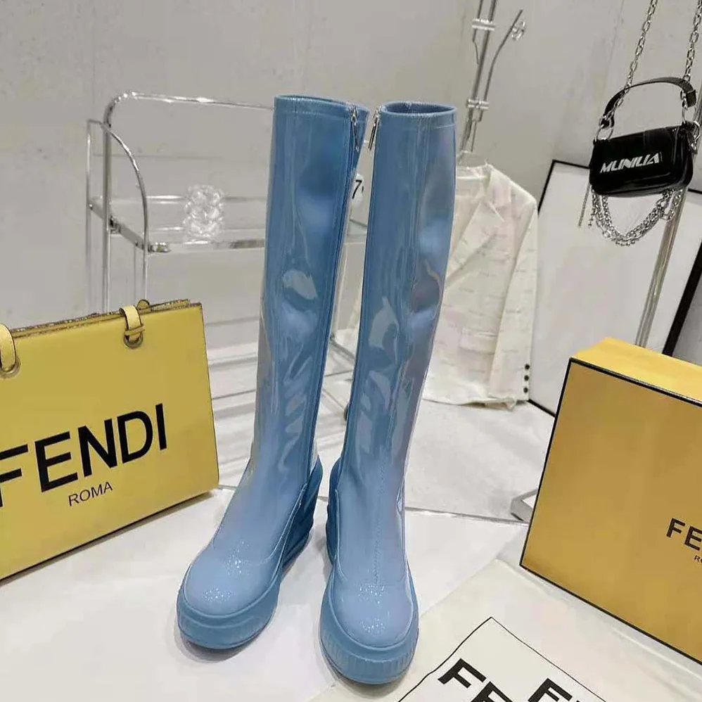 Fendi Fashion Show Blue Patent Leather Boots for Women