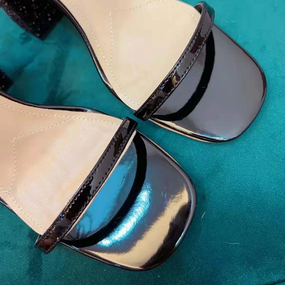 Miu Miu Patent Leather and Glitter Sandals in 100mm Heel Height for Women in Black Miu Miu Patent Leather and Glitter Sandals in 100mm Heel Height for Women in Black