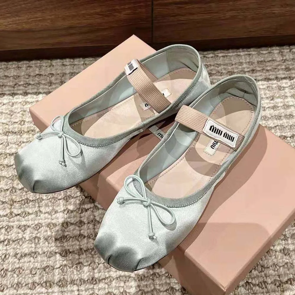 Miu Miu Satin Ballerinas with Knit Logo Label for Women in Blue Miu Miu Satin Ballerinas with Knit Logo Label for Women in Blue