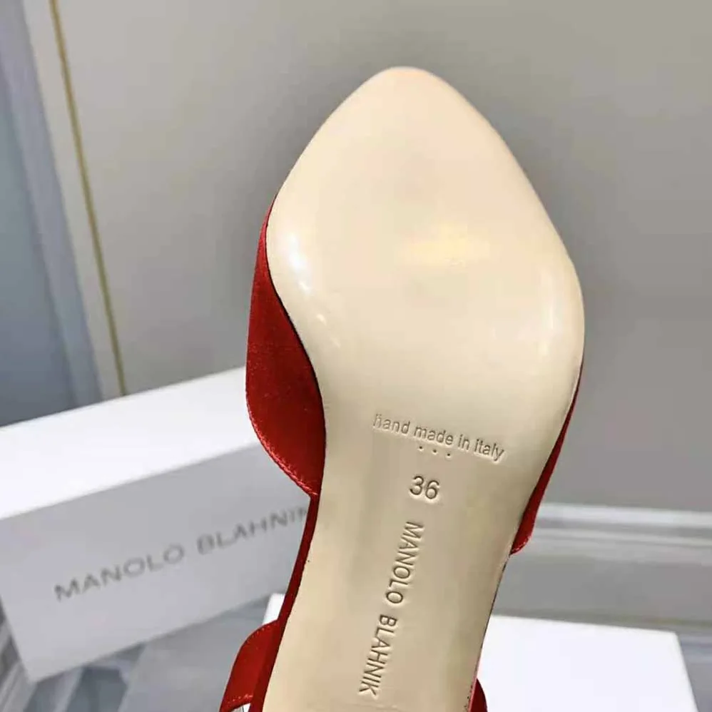 Manolo Blahnik Red Satin Jewel Buckle Slingback Pumps for Women Manolo Blahnik Red Satin Jewel Buckle Slingback Pumps for Women