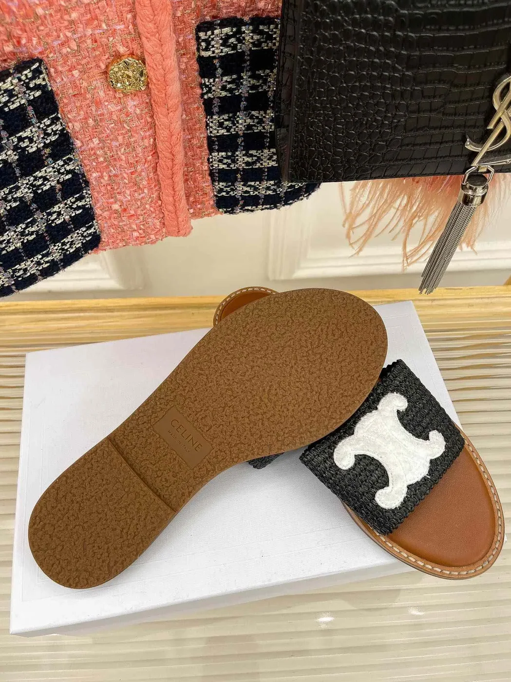 Celine Lympia Flat In Raffia Black