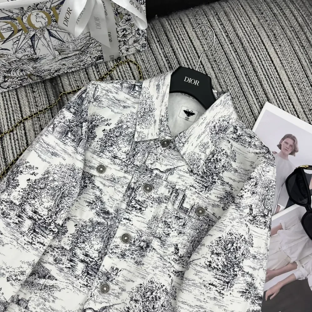Dior Jacket White Cotton Denim with Blue Toile de Jouy Scotland Motif for Women Dior Jacket White Cotton Denim with Blue Toile de Jouy Scotland Motif for Women