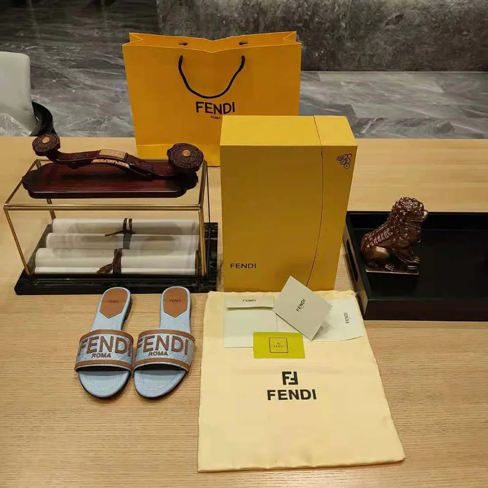 Fendi Signature Light Blue Denim Slides for Women