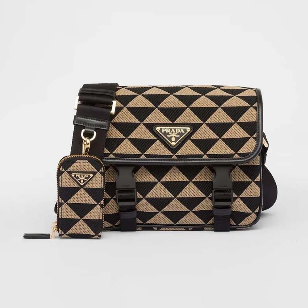 Prada Symbole Embroidered Fabric Bag for Men in Black/Beige Prada Symbole Embroidered Fabric Bag for Men in Black/Beige