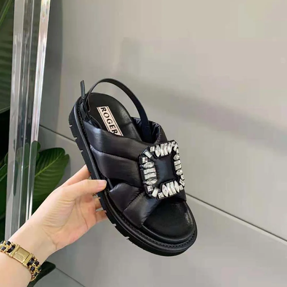 Roger Vivier Viv Winter Puffy Strass Buckle Sandals in Fabric for Women in Black Roger Vivier Viv Winter Puffy Strass Buckle Sandals in Fabric for Women in Black