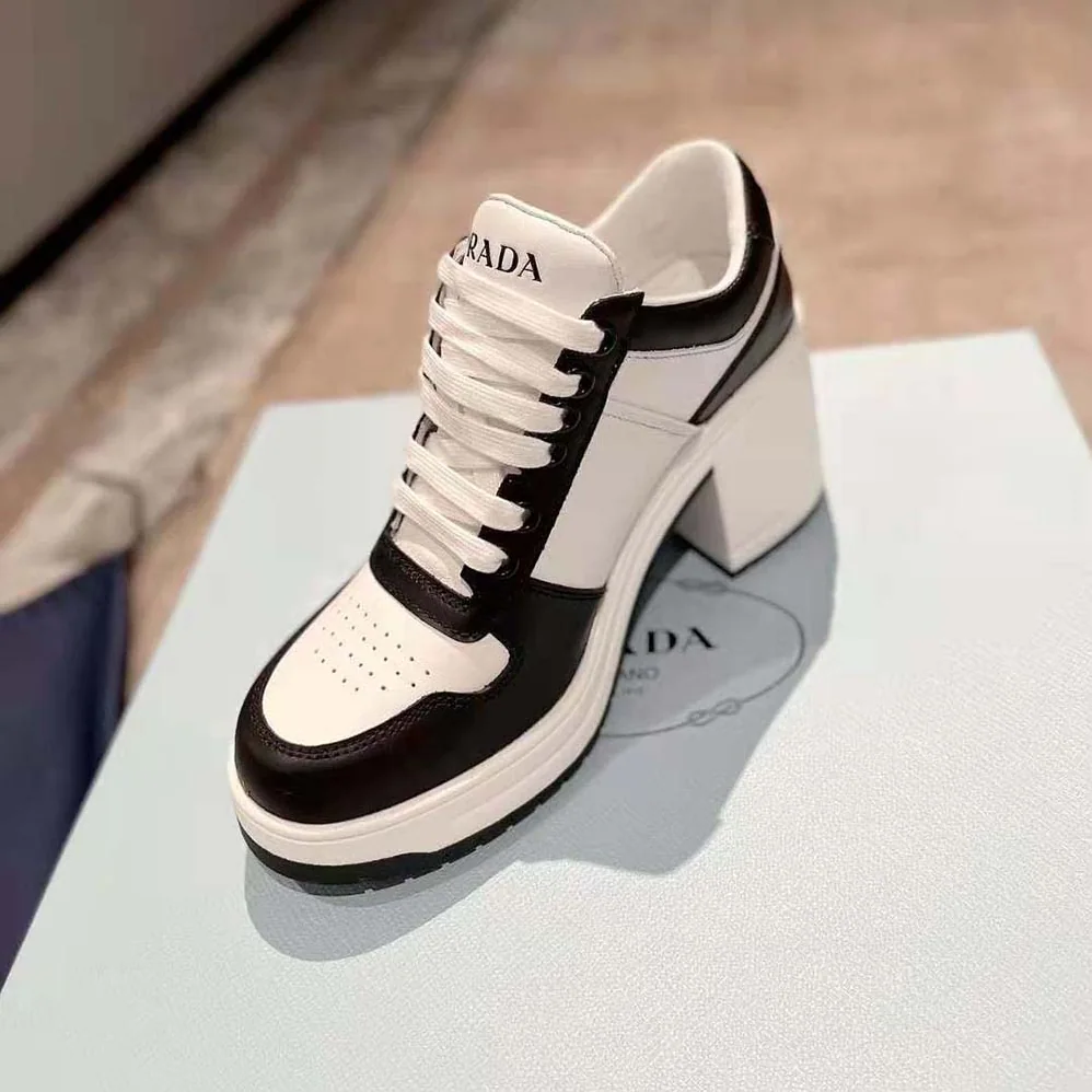 Prada Downtown High-Heeled Leather Sneakers for Women in Black