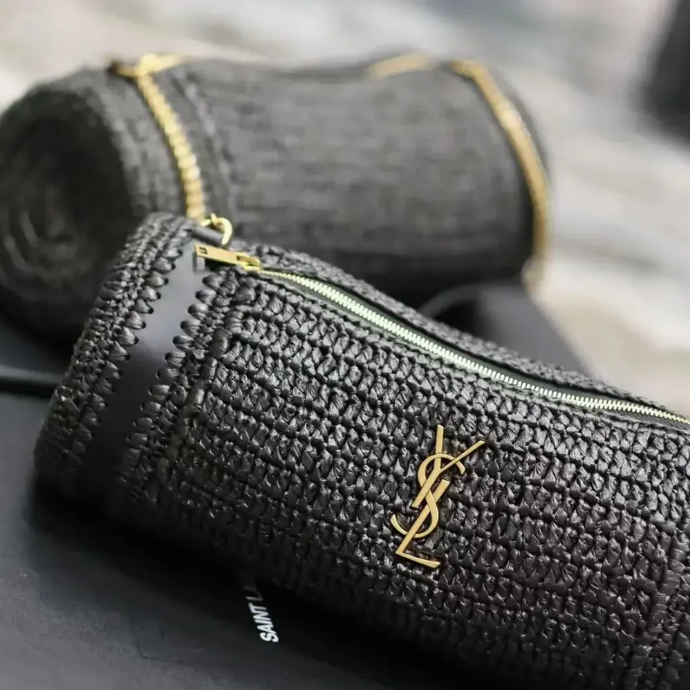 Saint Laurent YSL Cassandre Small Cylinder Bag in Raffia and Vegetable for Women in tanned Leather Saint Laurent YSL Cassandre Small Cylinder Bag in Raffia and Vegetable for Women in tanned Leather