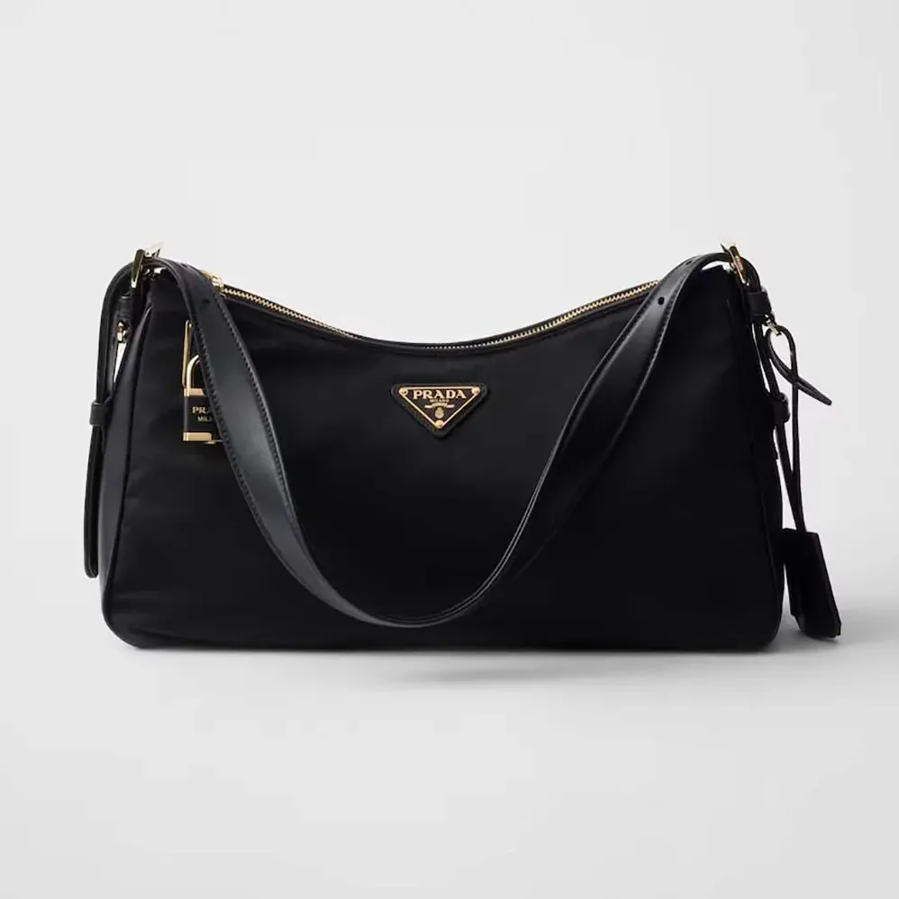 Prada Aimée large Re-Nylon and Leather Shoulder Bag with Padlock for Women Prada Aimée large Re-Nylon and Leather Shoulder Bag with Padlock for Women