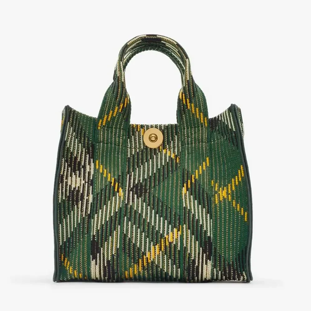 Burberry Mini Check Knitted Tote for Women in Green Burberry Mini Check Knitted Tote for Women in Green
