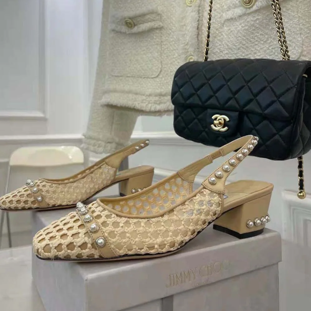 Jimmy Choo Hya 45 Barley Woven Raffia Slingbacks with Pearl Studs for Women