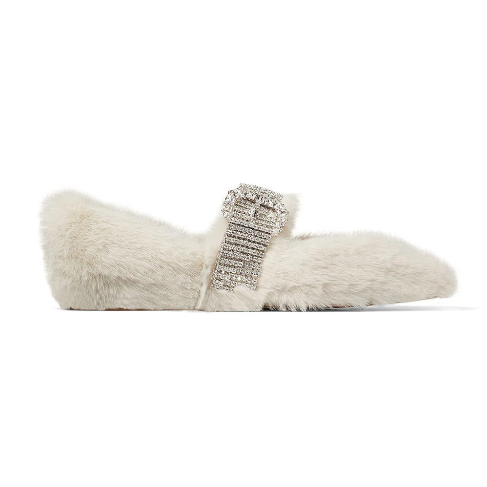Jimmy Choo Krista Flat Teddy Faux Fur Flats with Crystal for Women in Embellished Strap