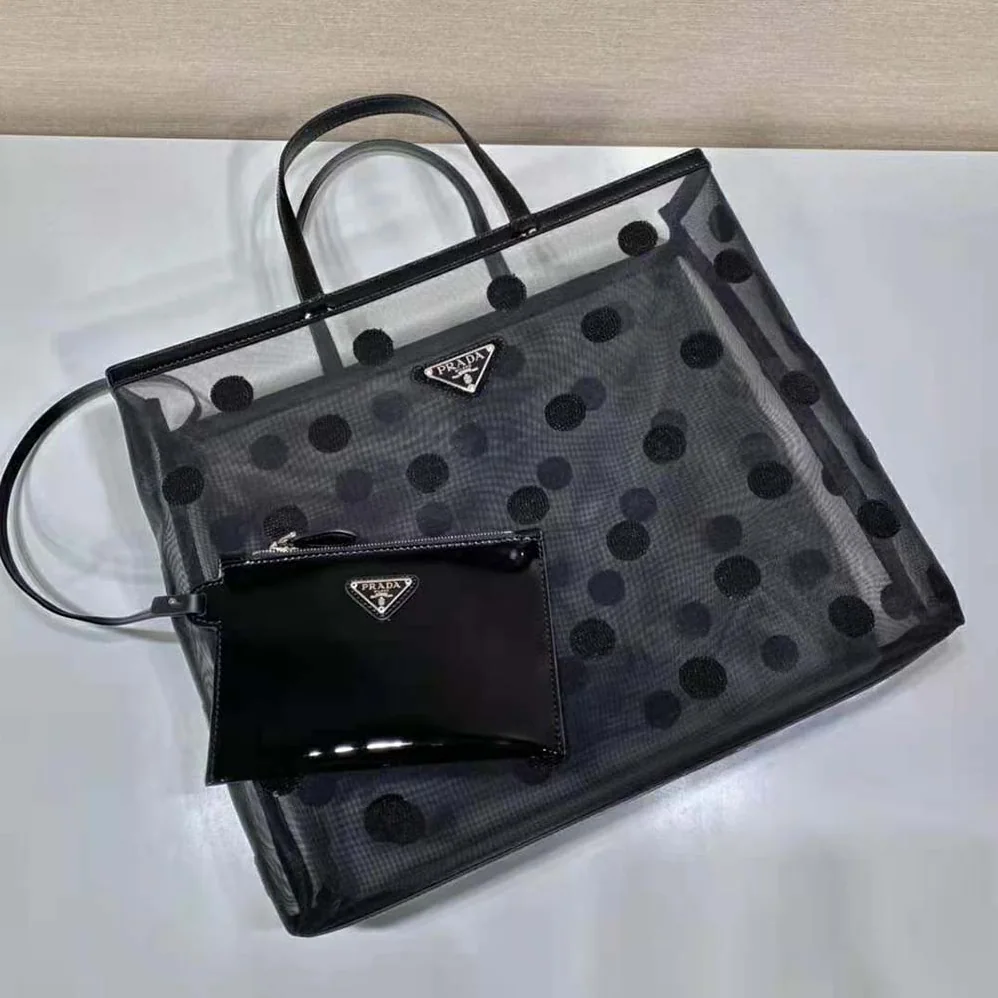 Prada Polka-Dot Mesh Tote Bag for Women in Black Prada Polka-Dot Mesh Tote Bag for Women in Black