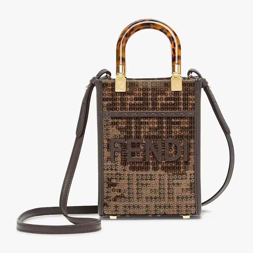 Fendi Mini Sunshine Shopper Brown FF Jacquard Fabric Mini Bag with Sequins for Women