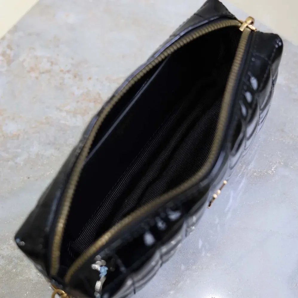Saint Laurent YSL Cassandre Matelassé Carré Pouch On Chain In Shiny Canvas for Women in Black Saint Laurent YSL Cassandre Matelassé Carré Pouch On Chain In Shiny Canvas for Women in Black