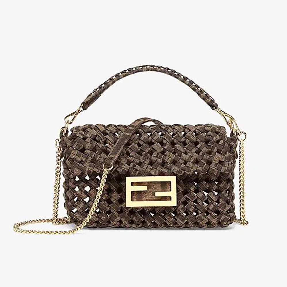 Fendi Baguette Jacquard Fabric Interlace Bag for Women in Olive Fendi Baguette Jacquard Fabric Interlace Bag for Women in Olive