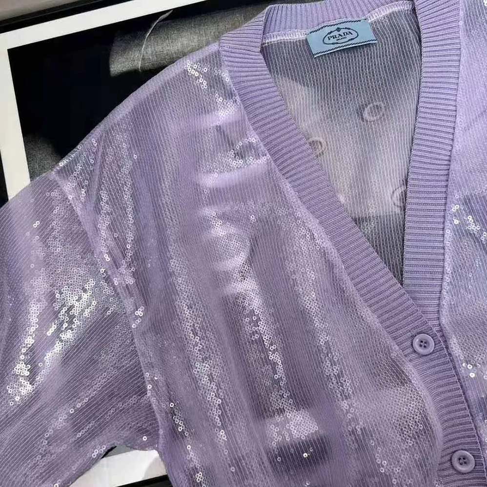 Prada Sequin-Embroidered Tulle Crop Top for Women in Purple Prada Sequin-Embroidered Tulle Crop Top for Women in Purple