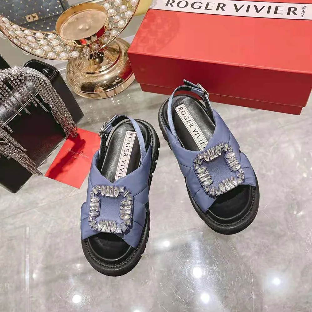 Roger Vivier Viv Winter Puffy Strass Buckle Sandals in Satin for Women in Navy Roger Vivier Viv Winter Puffy Strass Buckle Sandals in Satin for Women in Navy