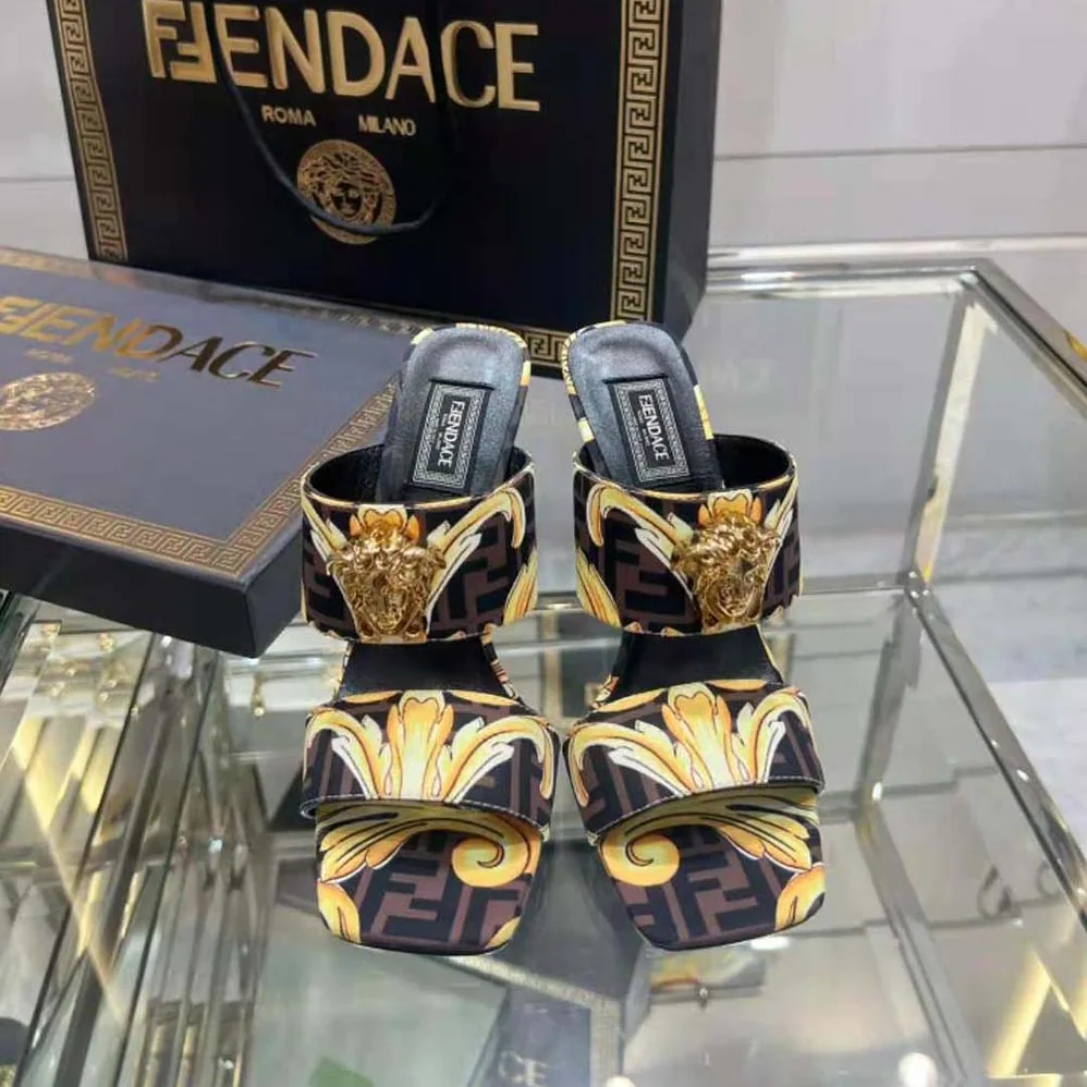 Versace Fendace Gold Baroque Mules for Women in Black