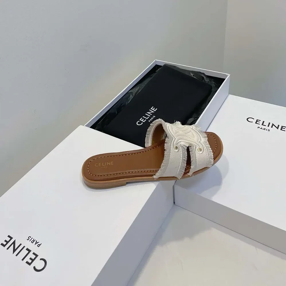Celine Marina Mule in Fringed Canvas for Women in White