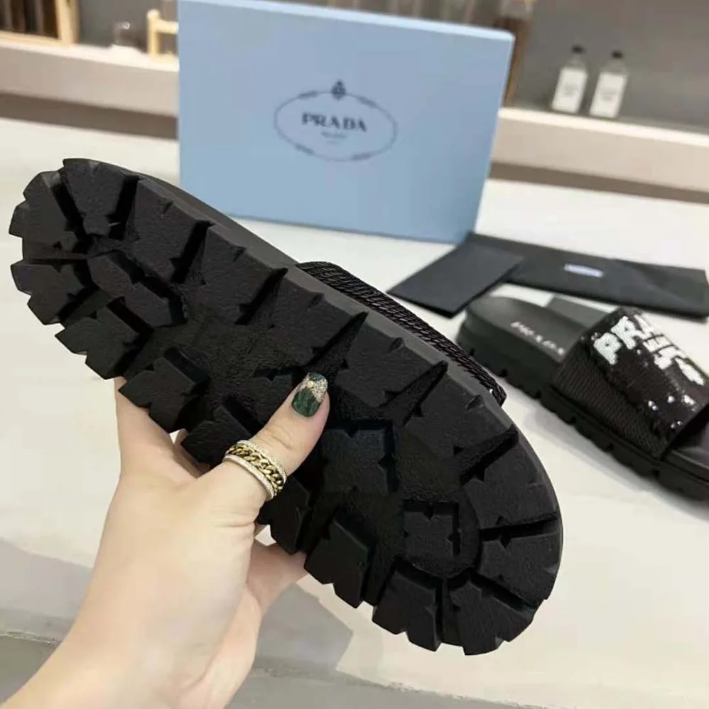 Prada Sequin Slides with Rubber Lug Sole are Covered All Over with Embroidered Sequins for Women Prada Sequin Slides with Rubber Lug Sole are Covered All Over with Embroidered Sequins for Women