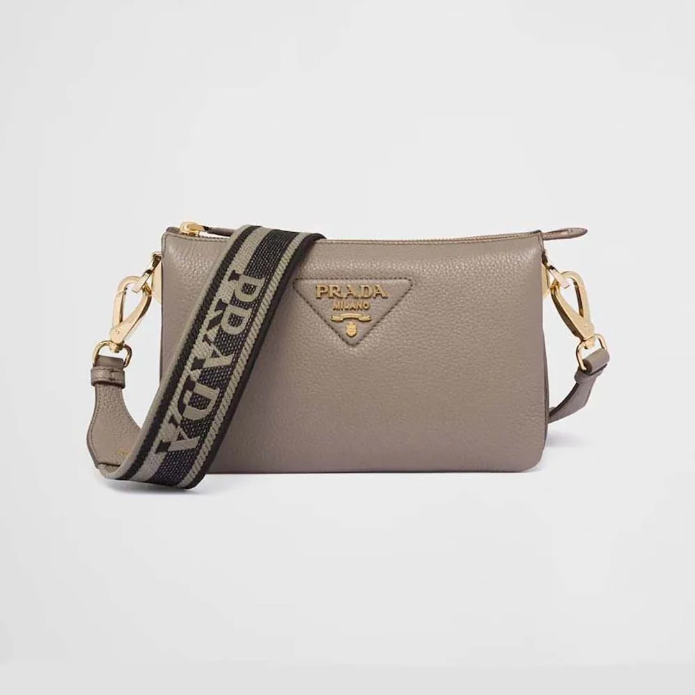 Prada Leather Shoulder Bag with Metal Lettering Logo for Women in Gray Prada Leather Shoulder Bag with Metal Lettering Logo for Women in Gray