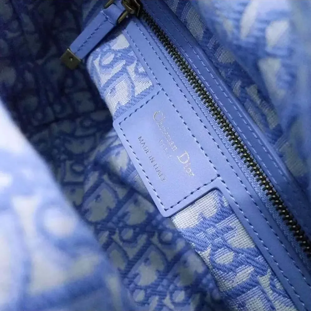 Dior Medium Lady Dior Bag Natural Wicker and Light Blue Dior Oblique Jacquard for Women